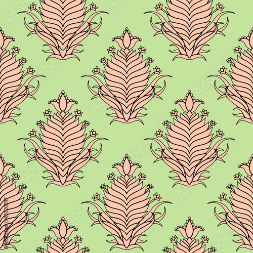 Seamless pattern with pink Damask motifs on a green background. Abstract floral repeat background. Vintage plant wallpaper (ID: 833202117)