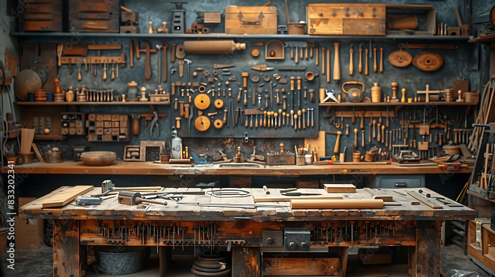 Vivid close-up of a wooden workbench covered with an array of hand tools, pieces of wood in various shapes, and bespoke items. Vivid close-up of a wooden workbench covered with an array of hand tools, pieces of wood in various shapes, and bespoke items.