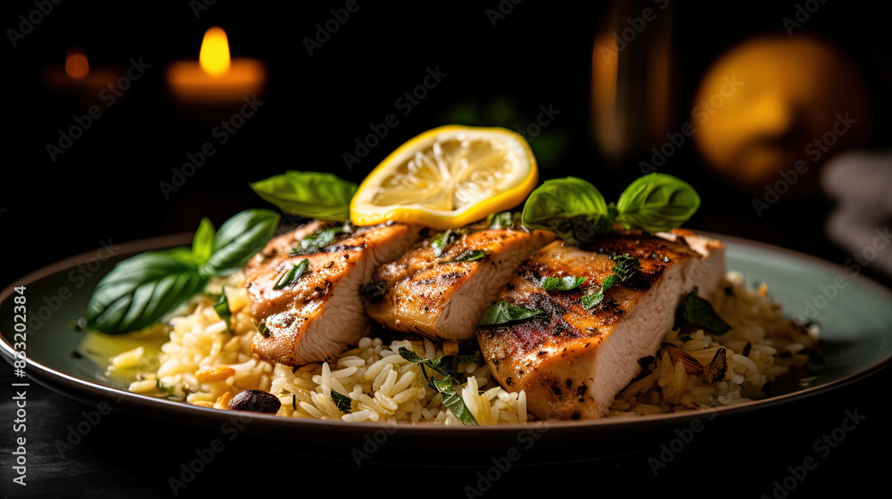 Contemporary Sauteed Lemon Basil Chicken Breast Juicy and Tender Served Over Fluffy Rice Pilaf Garnished with Fresh Basil Vibrant Green Herb On Blurry Background Contemporary Sauteed Lemon Basil Chicken Breast Juicy and Tender Served Over Fluffy Rice Pilaf Garnished with Fresh Basil Vibrant Green Herb On Blurry Background
