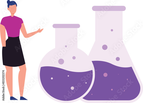 Girl showing flasks with chemicals.