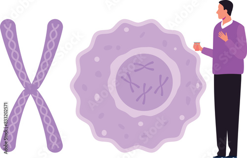 The boy is looking at the chromosomes.