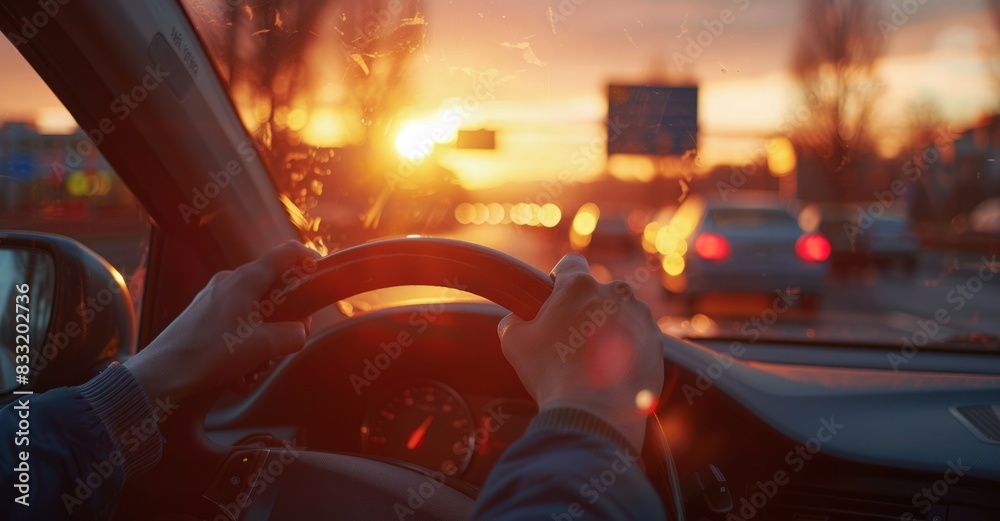 hands of car driver on steering wheel, road trip, driving on highway road