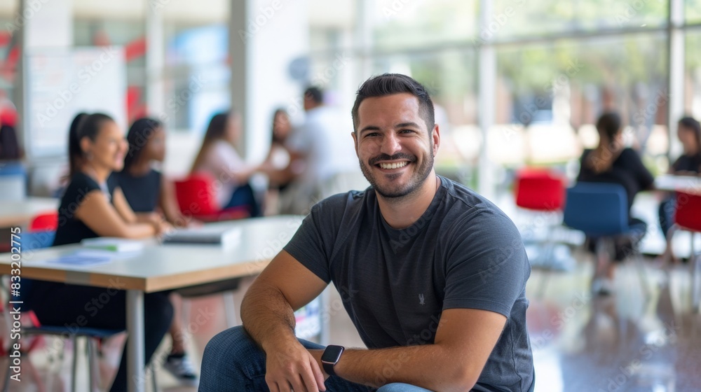 Confident Young Man Smiling in a Modern Office Environment with Team in Background Confident Young Man Smiling in a Modern Office Environment with Team in Background