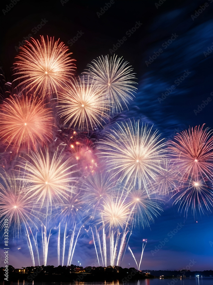 Naklejka premium fireworks by the river , fireworks in new year celebration