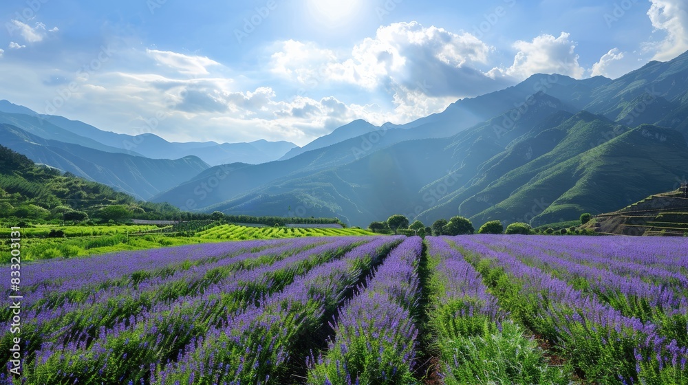 Obraz premium Field under cultivation with purple blossoms amidst mountain scenery