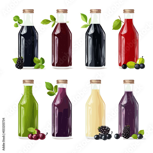 set of juice bottles in different colors with raspberries, blueberries, and blackberries