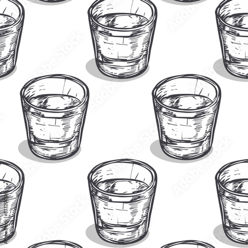 repeating design of glasses filled with amber liquid and ice