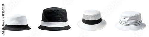 Set of black, grey, and white bucket fisherman hats positioned pristinely on a transparent background. Perfect for fashion, outdoor, and lifestyle visuals. Elevate your designs with these stylish hats photo