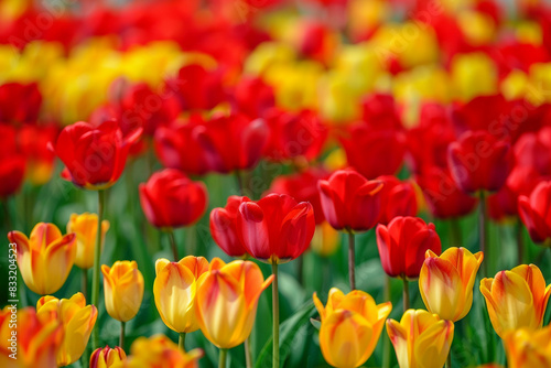 A field of red and yellow tulips, their colors intermingling like a painter's palette. © Usama