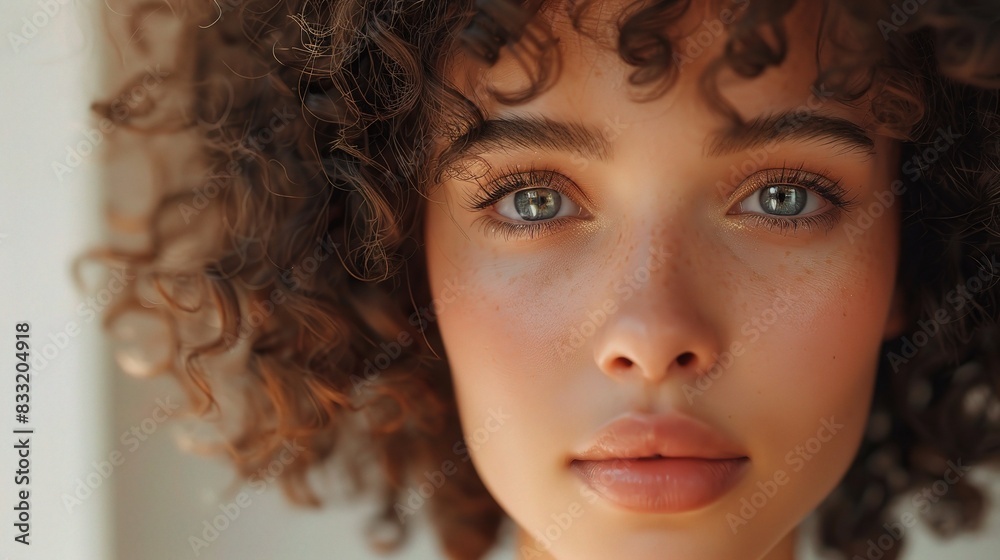 beautiful young woman with perfect skin, her face framed by soft curls