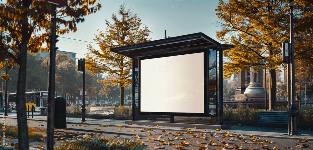 Elegant vertical billboard installed at a bus stop near a historical monument. Elegant vertical billboard installed at a bus stop near a historical monument.