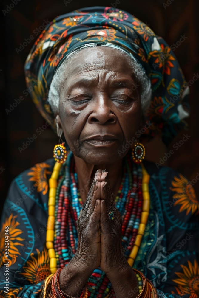 Fototapeta premium Elderly African American woman praying to the God