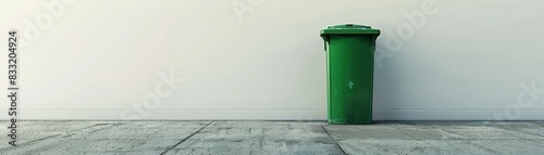  A lone green recycling bin stands against a stark white background photo