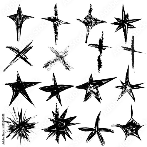 Set of trendy black stars and crosses. Star formation doodle, hand drawn. Modern sticker design in retro grunge punk style. Flat vector illustration photo
