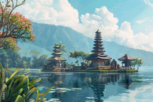 Illustration of Bali Island with Balinese Hindu Temple, World Travel, Paradise