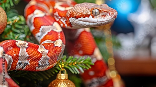 A red and white snake is curled up on a Christmas tree. The snake is surrounded by ornaments and a star photo