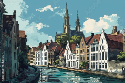 Illustration of Bruges city, the capital of West Flanders in northwest Belgium