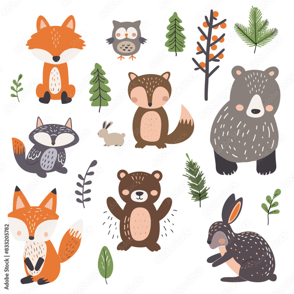 Fototapeta premium group of forest animals, including foxes, raccoons, rabbits, and hedgehogs, in a sunlit clearing