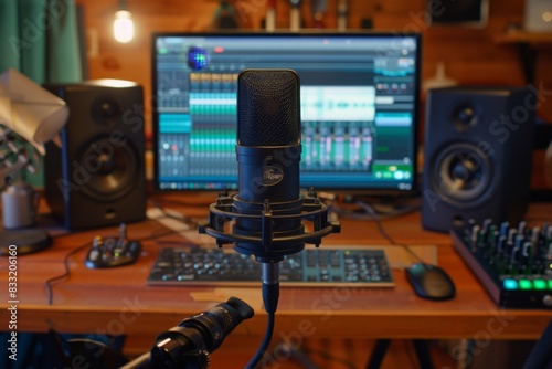 Professional Podcast Studio Setup With High-Quality Microphone and Sound Mixing Equipment photo