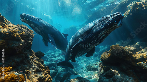 A Huge Two Humpback Whale Gliding Beneath the Blue Ocean Depths an Exquisite Depiction of Marine Life Background