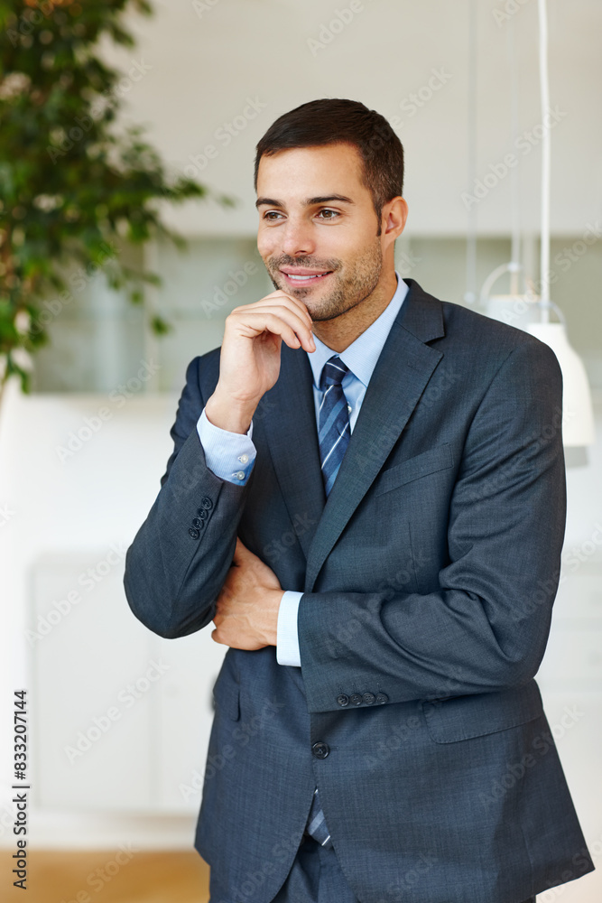 Corporate, idea and suit with business man at office for start of professional career as intern. Company, happy and thinking with smile of formal employee in workplace for administration or planning Corporate, idea and suit with business man at office for start of professional career as intern. Company, happy and thinking with smile of formal employee in workplace for administration or planning