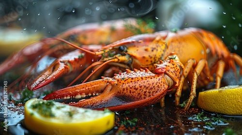 boiled craw fish on kitchen board with net and lemon slices close up photo photo