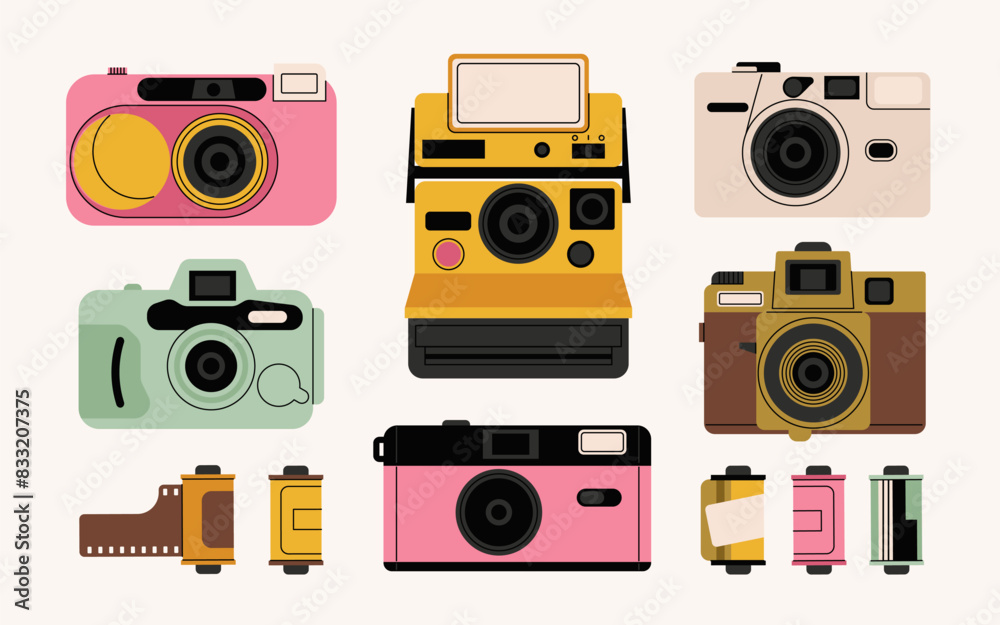 Retro film photo camera isolated on white background. Old vintage analog disposable photo camera. Hand-drawn colored flat vector illustration Retro film photo camera isolated on white background. Old vintage analog disposable photo camera. Hand-drawn colored flat vector illustration