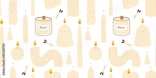 Various Candles. Different shapes and sizes. Pillar, jar candle, square, container candle, heart shaped. Decorative wax candles for relax and spa. Matches, candle snuffer. Seamless pattern photo