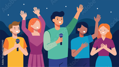 The youth worship team incorporates sign language into their performance creating a visually stunning and inclusive worship experience for all members. Vector illustration