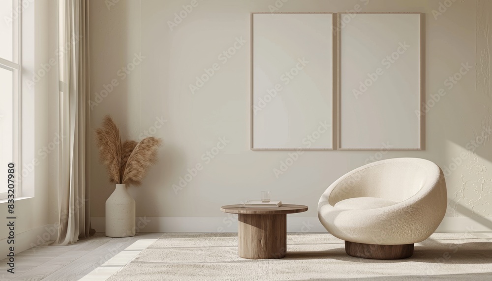 Modern interior design, beige armchair and coffee table in a minimalistic style on a light wall background with two vertical blank poster frames in the mockup, modern home decor Modern interior design, beige armchair and coffee table in a minimalistic style on a light wall background with two vertical blank poster frames in the mockup, modern home decor