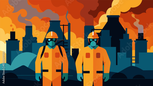 The workers at the smelting plant were covered head to toe in protective gear a necessary precaution against the scorching temperatures and toxic. Vector illustration