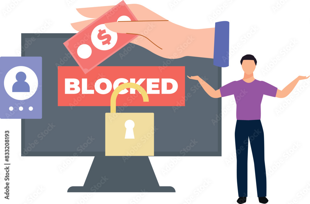 Boy is showing blocked ad on monitor. Boy is showing blocked ad on monitor.
