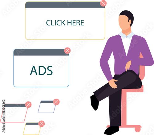 Boy is sitting on chair looking at pop up ads.