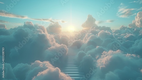 Stairs ascending into the sky, through a sea of fluffy clouds, representing the journey to enlightenment and spiritual awakening photo