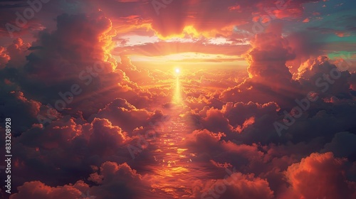 Radiant sunset with colorful clouds, a grand bridge suspended in the sky, guiding towards a luminous heavenly portal