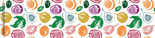 Pattern passion fruit seamless. Hand drawn granadilla illustrations. Colorful exotic fruits ornate print. Natural background for cosmetics, fruits puree or juice label. Vector tropical fruit banner.