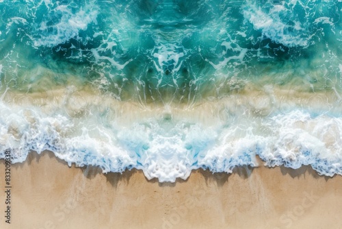 Stunning Aerial View of a Summer Beach,Waves Crashing onto Sandy Shore Creating Abstract Patterns in Blue and White