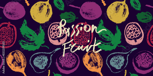 Pattern passion fruit seamless. Hand drawn granadilla illustrations. Colorful exotic fruits ornate print. Natural background for cosmetics, fruits puree or juice label. Vector tropical fruit banner.