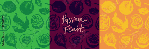 Pattern passion fruit seamless. Hand drawn granadilla illustrations. Colorful exotic fruits ornate print. Natural background for cosmetics, fruits puree or juice label. Vector tropical fruit banner.