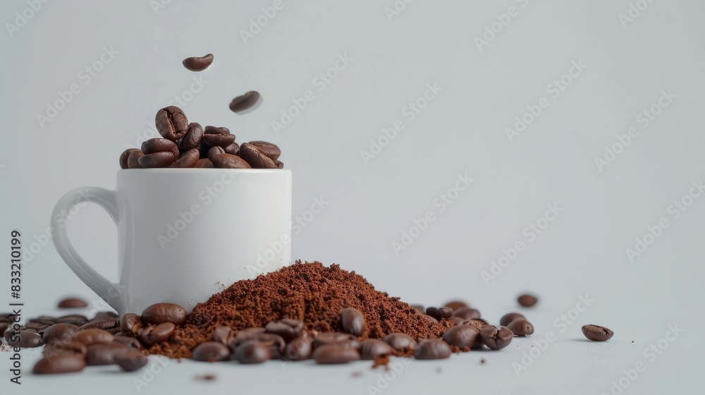 Coffee beans spilling out from the top into an empty white mug with some ground coffee around them on a white background. Coffee beans spilling out from the top into an empty white mug with some ground coffee around them on a white background.