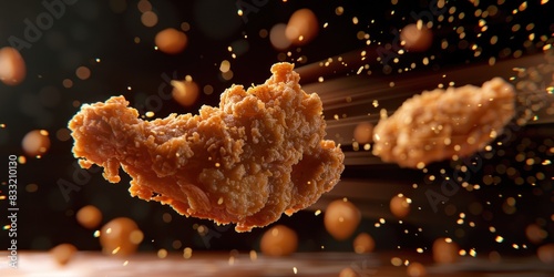 A spicy crispy fried chicken is flying in the air.