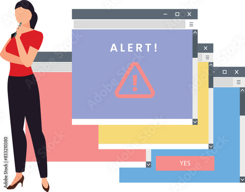 The girl is thinking about the alert message.
