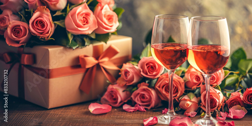 A vintageinspired composition featuring rose wine in glasses, a bouquet of pink roses, and a gift box tied with a ribbon photo