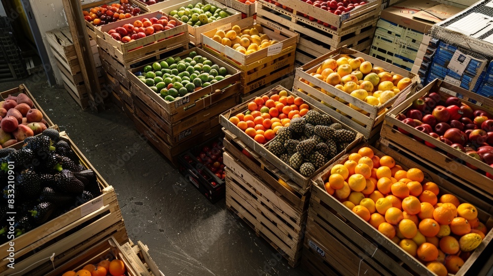 Fresh, Colorful Assortment of Fruits in Wooden Crates at Market