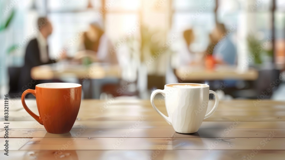 Cup of coffee on the table in the office in the background with office workers. Generated AI Cup of coffee on the table in the office in the background with office workers. Generated AI
