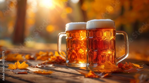 Two mugs of fresh cold beer on wooden table on autumn background