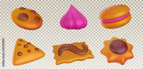 Set of chocolate cookies different form in realistic glossy vivid 3d style isolated on transparent background. Bright cute dessert vector illustration.