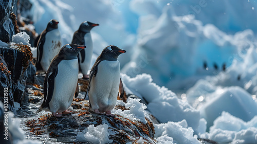 Focused Selectively Penguins Group In The Snow With Mountains in The Background