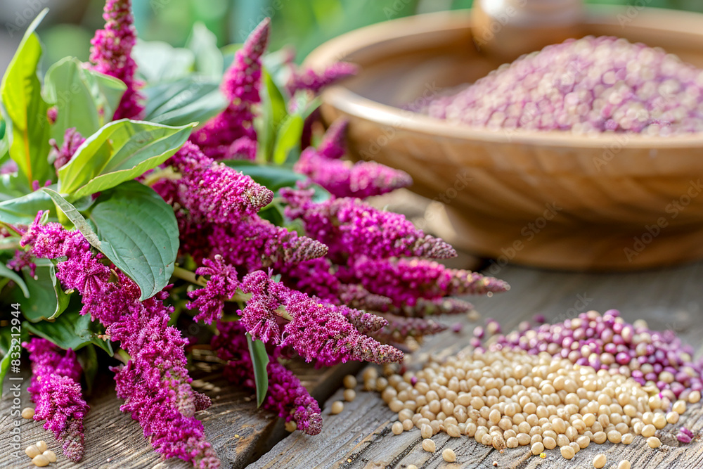Flowering branches of amaranth next to its grain Flowering branches of amaranth next to its grain