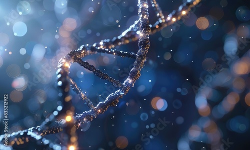 3d rendering of double helix DNA close up on dark blue background with bokeh lights. Concept for medical, science and technology theme.,